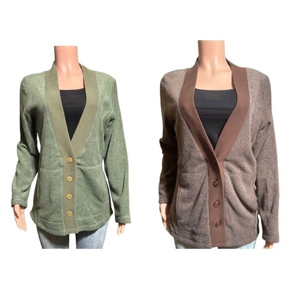 Bundle two Pulp long sleeve fleece brown and green v neck button up sweater M - Picture 1 of 11